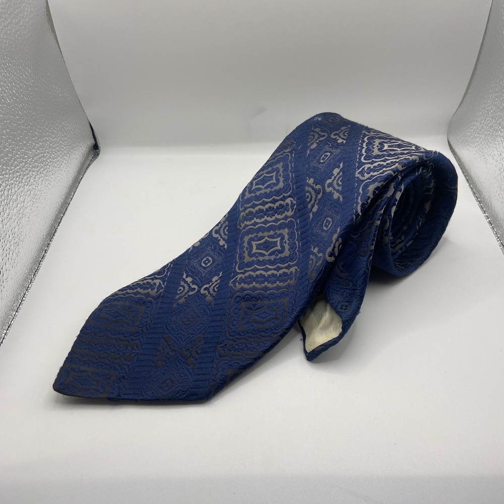 Vintage Don Loper Necktie Mens One Size Blue Geometric Jacquard Print Formal